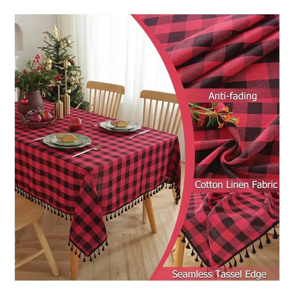 Alsoo Red Checkered Tablecloth Rectangle‎ Cotton Linen Fabric 55x75